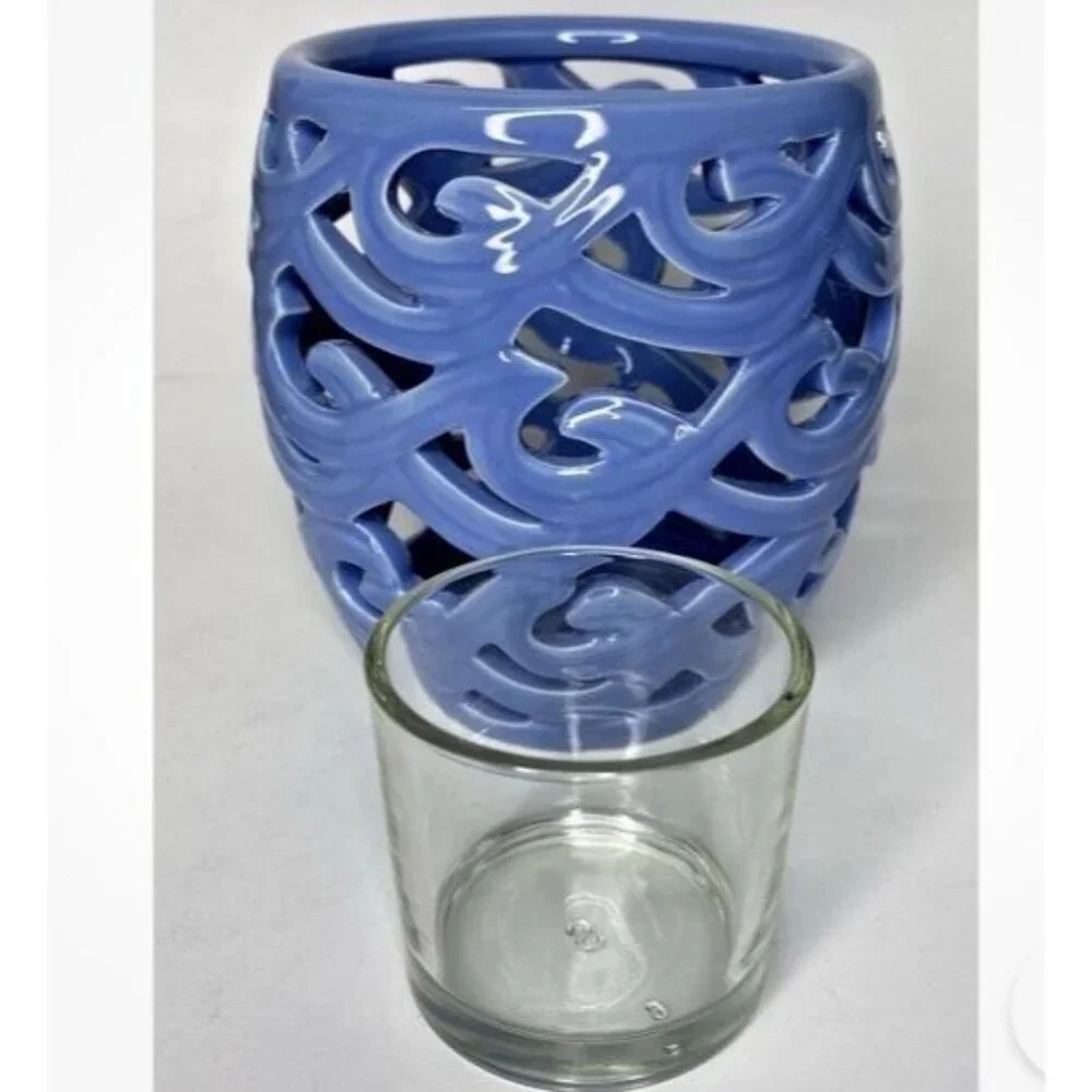 Partylite Waves Blue Votive Holder, Retired Coastal Glass Candle Holder NIB